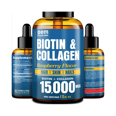 OEM Oral Liquid Biotin Collagen برای رشد مو و سلامت پوست، کلاژن مایع و بیوتین را کاهش می دهد.