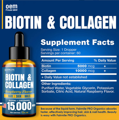 OEM Oral Liquid Biotin Collagen برای رشد مو و سلامت پوست، کلاژن مایع و بیوتین را کاهش می دهد.
